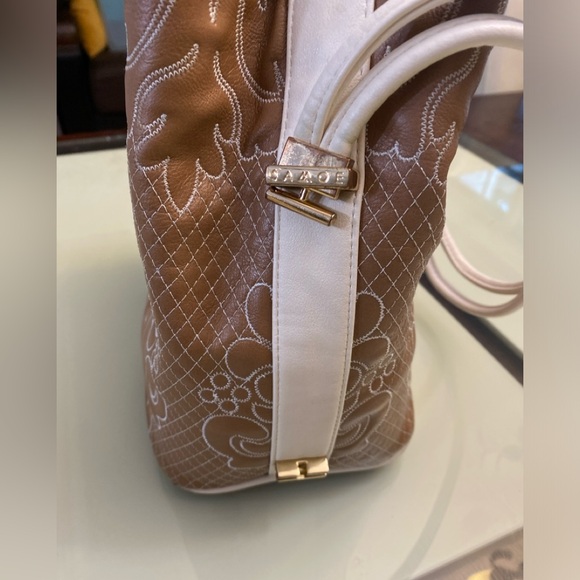 Samoe Square Top Handle Bag Mixed Colors Pockets Size 10H X 8L Brown Tan Beige - Picture 7 of 16